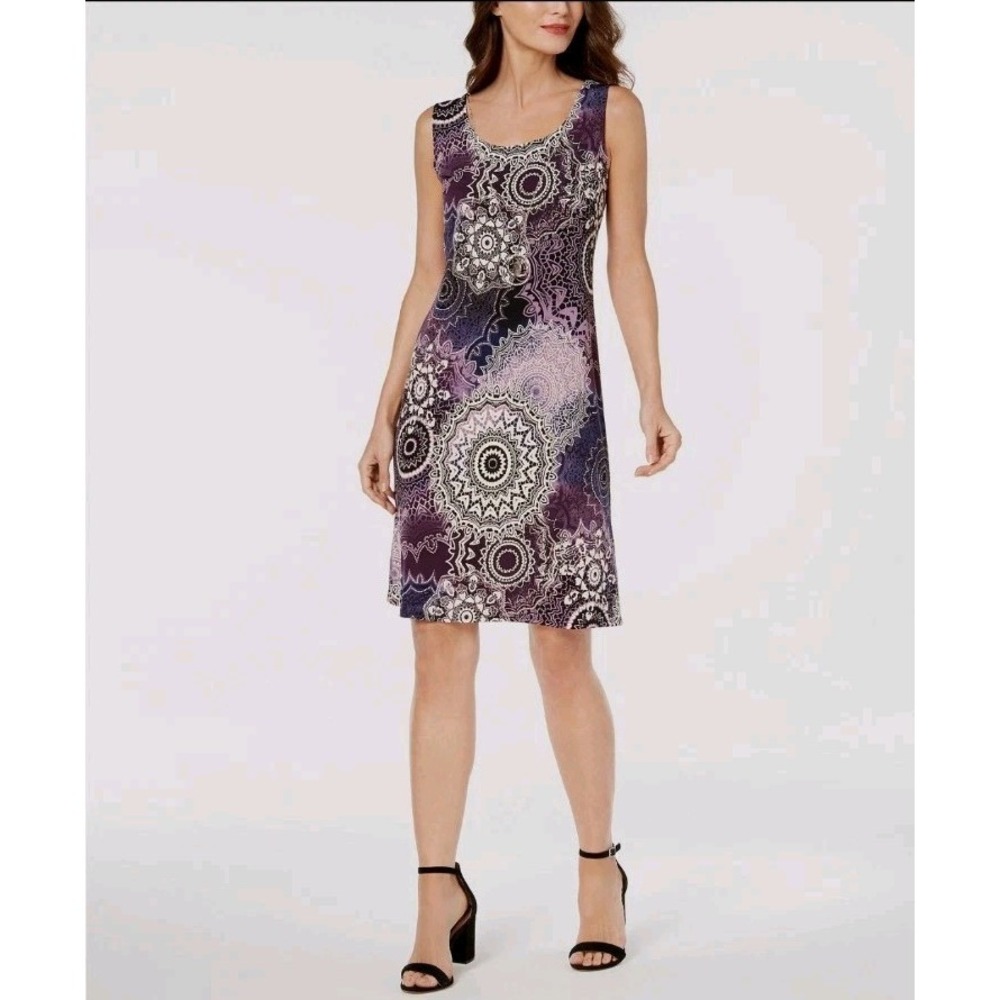Y2K R&M Richards Women's Purple-Printed Sleeveless‎ Crew-Neck Sheath Dress SZ 18